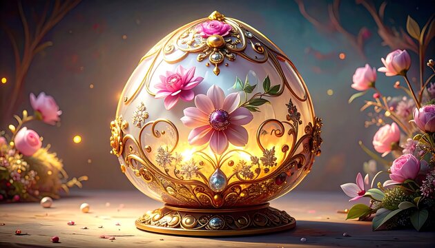 A lavish, ornately decorated egg-shaped object, illuminated from within, displays delicate floral designs and intricate gold filigree, creating a magical and enchanting atmosphere. - Powered by Adobe