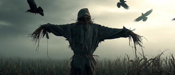 Fototapeta premium Scarecrow crows field horror halloween autumn spooky creepy countryside