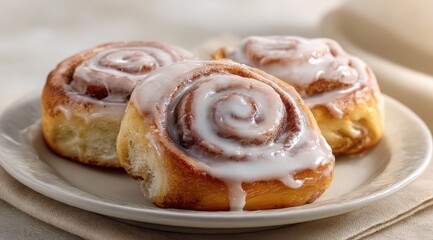 Fototapeta premium Three cinnamon rolls, glistening with icing, rest on a white plate