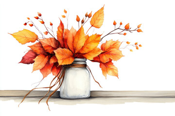 Watercolor autumn bouquet in a glass jar on a wooden surface, showcasing vivid orange leaves and delicate stems against a clean white backdrop with soft shadows.