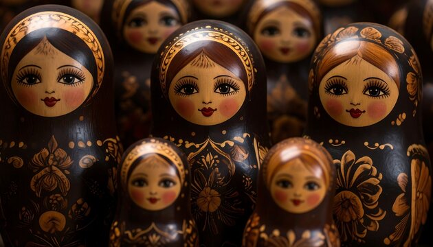 Close-up of many painted wooden dolls