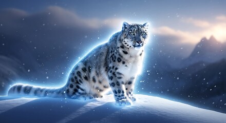 A majestic snow leopard sits regally on a snow-covered mountain peak, its fur glowing with an ethereal blue light, surrounded by falling snowflakes and a soft, atmospheric glow.