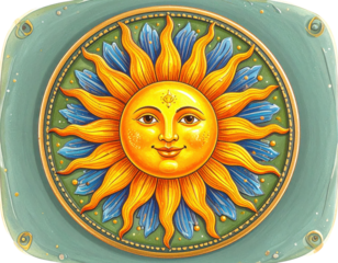 Radiant Sun Face Illustration with Golden Rays and Blue Flames.
