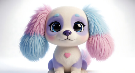 Obraz premium Adorable cartoon puppy with pastel pink and blue fluffy ears and big, expressive eyes, sitting against a white background.