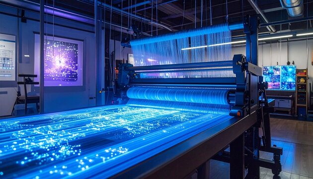 Threads, rhythmic clack, pattern charts, studio hush., fiber-optic loom demo; glowing