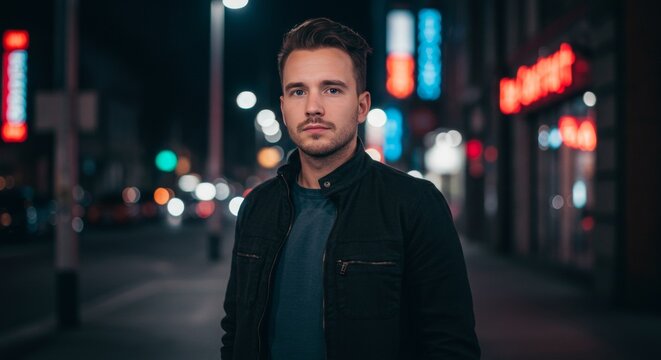 Portrait of a young man standing on a city street at night with bokeh lights in the background