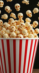 Skull shaped popcorn in a striped bucket against a dark backdrop. A creative still life. Halloween treat, spooky season, horror movie night.