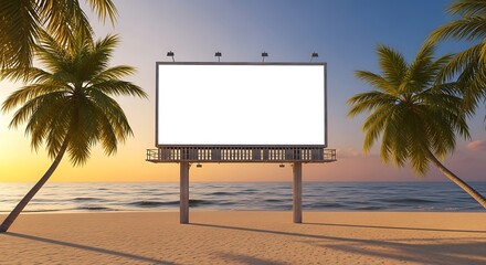 Tropical Beachfront Billboard at Sunset Promotes a Relaxing Coastal Getaway and Brand Visibility