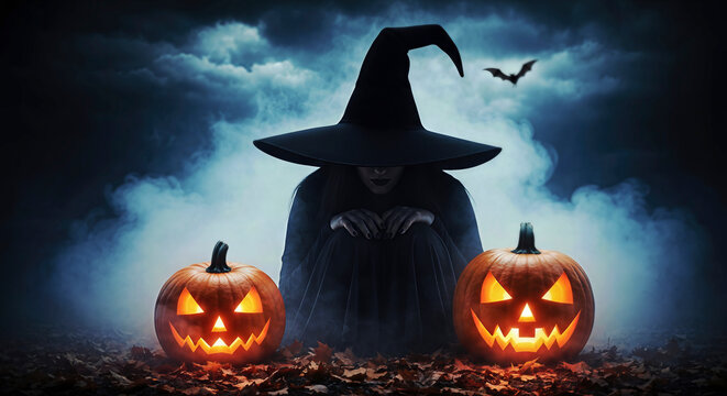 Witch with Jack-o'-lanterns outdoors on Halloween night. A dramatic portrait showing darkness and mystery. Spooky season, gothic fantasy, autumn celebration.