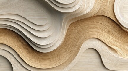 Abstract wood surface with layered, wavy patterns. Light beige and golden tones create a smooth, organic design