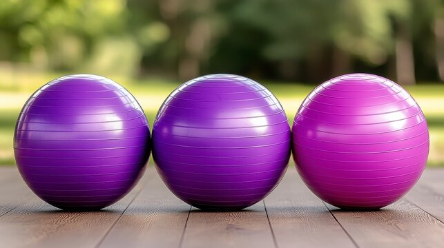 Three Purple Exercise Balls on Wooden Surface Outdoors