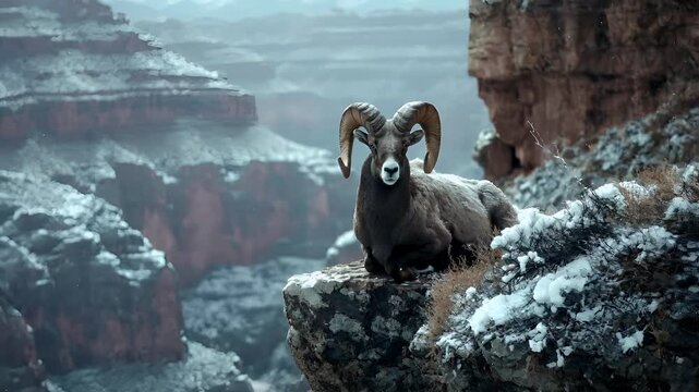 A bighorn sheep with large curved horns sits on a rocky outcrop amidst a snowy landscape. The sheeps fur is a mix of brown and gray, and its horns are a deep brown.