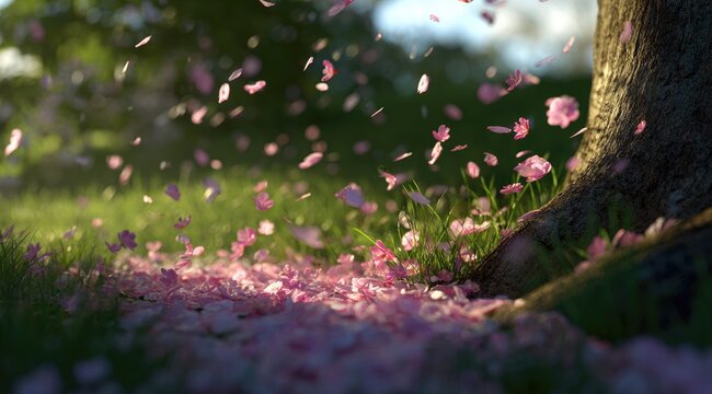 Delicate pink petals fall around a tree trunk, illuminating a grassy area