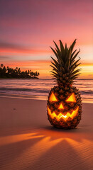 A carved pineapple sits on a beach with a sunset background. A festive close-up shot full of light and shadow. . Tropical Halloween, spooky season, creative holiday.