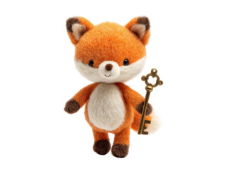 Cute Fox Plush Toy Holding Vintage Key Isolated on Transparent Background