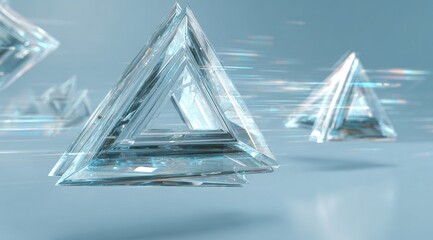 Several translucent triangular prisms, seemingly  floating, with streaks of light