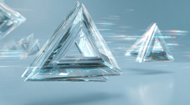 Several translucent triangular prisms, seemingly  floating, with streaks of light - Powered by Adobe