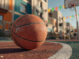Close-up basketball resting on a street court with colorful flags and urban buildings in the background, bright sunlight highlights texture, create contrast, and playful sporty mood.