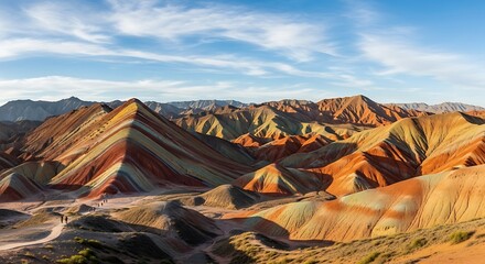 Stunning vista of the Zhangye National Geopark and its vibrant rainbow mountain geological