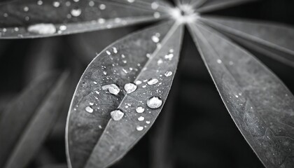 Close-up black and white photo of a wet leaf with water droplets