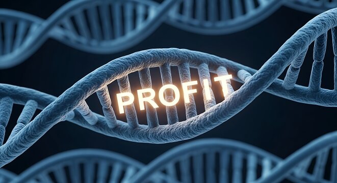 DNA strand highlighting the word 'PROFIT' - A concept of genetic influence on financial gain - Powered by Adobe