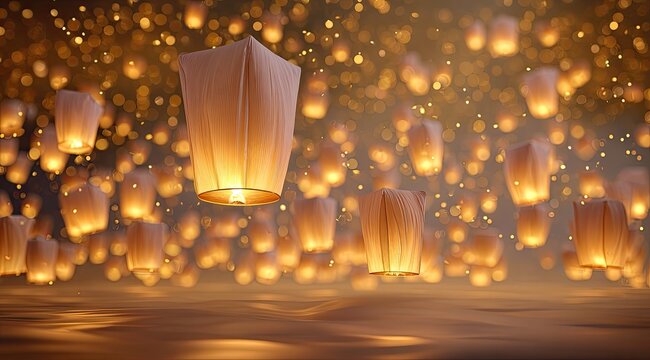 Floating lanterns, warm glow, night sky