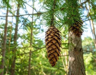 Two pine cones hang from branches in a forest