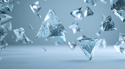Many translucent triangular ice shards float in mid-air against a pale blue background