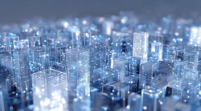 Futuristic city skyline, transparent buildings connected by digital network