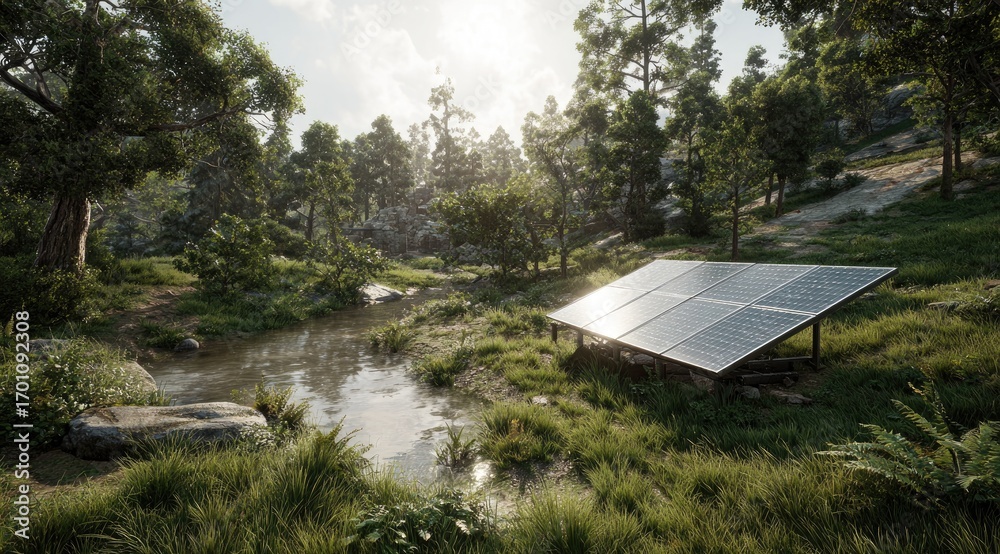 Wall mural sunny forest scene with solar panel. tranquil woodland with a small stream and a solar panel array s