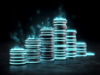 Ascending Neon Coin Stacks: A Futuristic Depiction of Cryptocurrency Growth and Investment