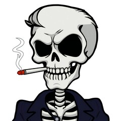 Cartoon skeleton man smoking cigarette wearing suit jacket