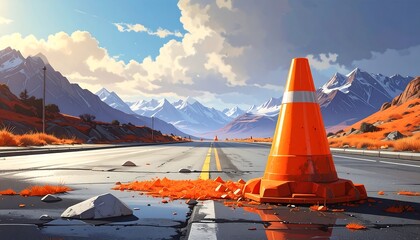 A lone orange traffic cone stands sentinel on a paved road, leading through a landscape of rugged mountains, bathed in the warm light of a sunny day.