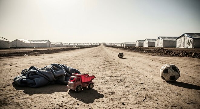 A long dirt road stretches through a refugee camp with rows of white tents on both sides.