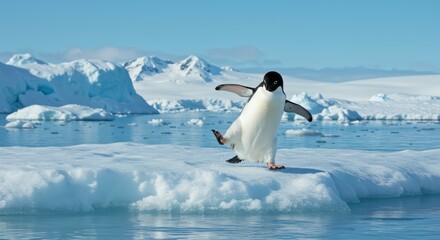 A playful Adelie penguin struts across a glistening ice floe, showcasing its cheerful nature against a backdrop of vast, icy landscapes.