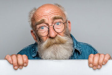 Close up portrait of an elderly man with a white beard and round glasses peeking over a white surface, wearing a denim shirt, conveying curiosity and kindness.