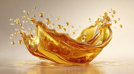 Golden liquid splash.  A dynamic splash of amber-colored liquid,  showing a  smooth, fluid arc. Tiny droplets  are dispersed around the splash.  Pale beige backdrop