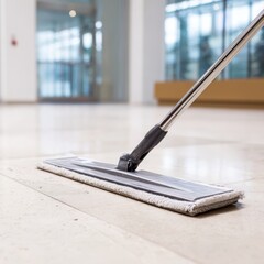 Close up of a modern flat mop with a microfiber pad cleaning a polished floor in a bright contemporary office building