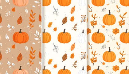 Three autumnal pumpkin and leaf patterns, featuring orange pumpkins on beige and white backgrounds, showcasing fall themes.