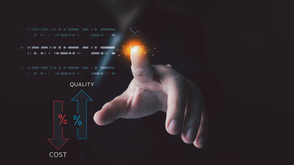A business person selects a choice on a glowing digital interface, managing the balance between increasing quality and decreasing cost for optimal business strategy and control.