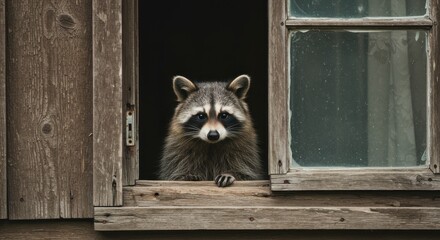 A raccoon peers inquisitively from an old wooden window, its gaze captivating the viewer.