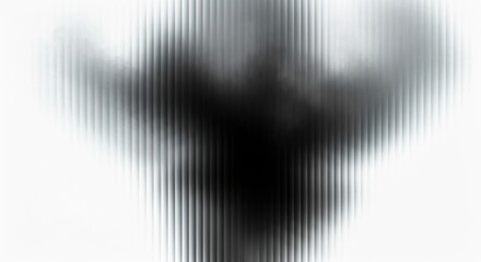 Mysterious shadowy figure with arms raised, seen through a distorted vertical line filter. Abstract black and white horror or supernatural concept.