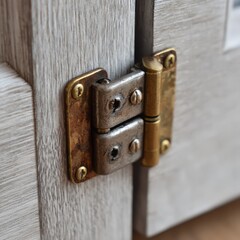 Close up of an antique brass door hinge attached to a weathered white wooden door frame