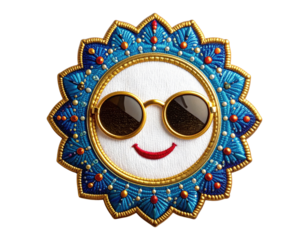 Smiling Sun Face with Sunglasses and Decorative Frame.