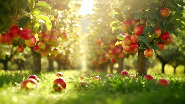 A vivid, sunlit scene of an apple orchard. The main subject is a tree with ripe red apples hanging from its branches. The visual attributes include the bright red apples, the green leaves.