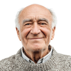 A portrait of a smiling elderly man with white hair and wrinkles, against a transparent background. background removed