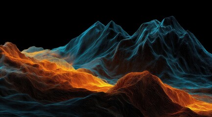 Fototapeta premium Abstract landscape of glowing, wire-frame mountains