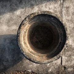 Close up overhead view of an old weathered metal drainpipe opening in a concrete surface with strong shadows