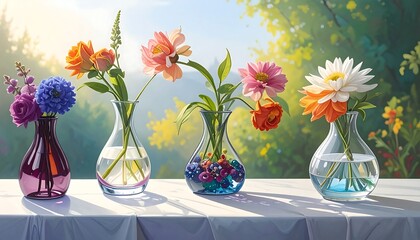 Vibrant floral arrangement in clear glass vases, bathed in natural light, showcasing a spectrum of colorful blossoms against a backdrop of a sunny garden.