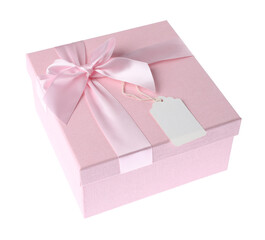 Fototapeta na wymiar Gift box with blank tag isolated on white